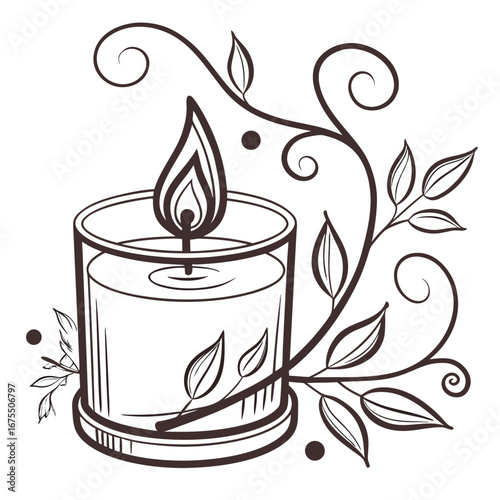 Vector art of candle with flame and floral branch, a decorative element for relaxation, spa therapy, and romantic ambiance