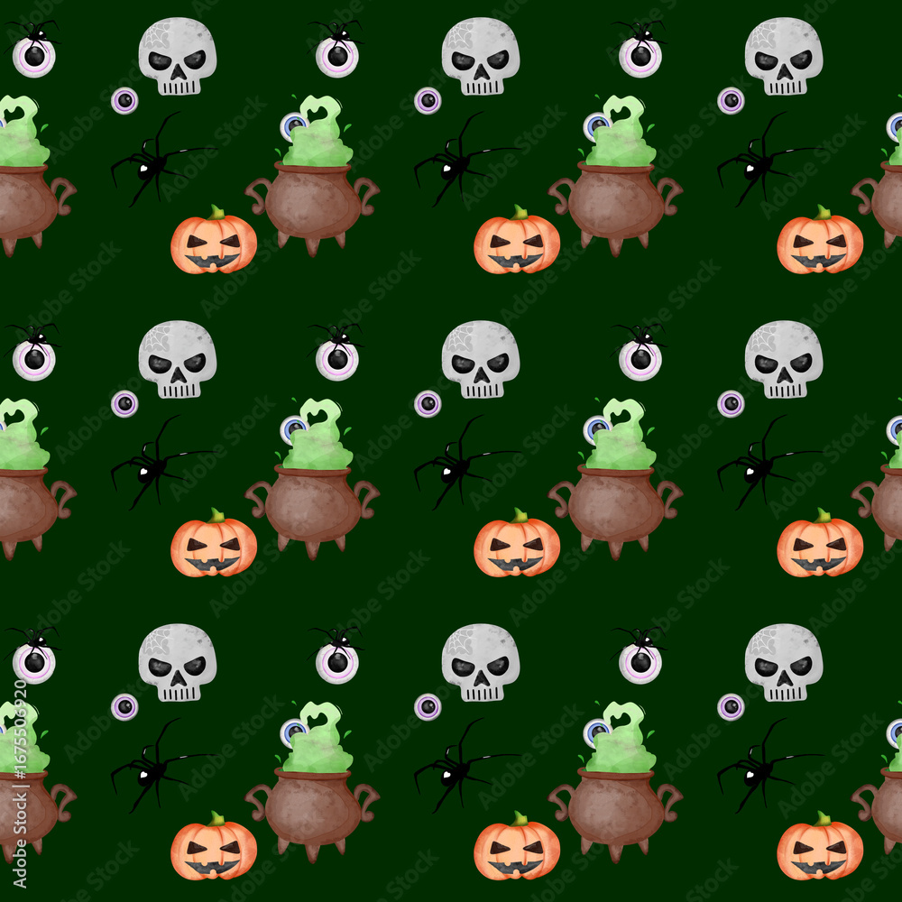 Fototapeta premium Halloween themed pattern featuring cauldron, skulls, pumpkins, spiders, and eerie decorations on dark green background