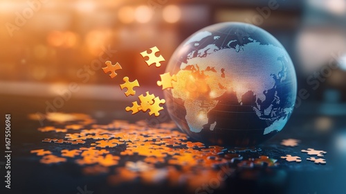 Global Puzzle Earth Globe with Scattered Puzzle Pieces, business , concept