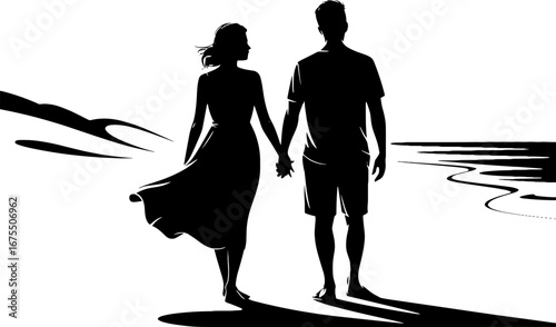 Couple Walking Hand in Hand Along Beach Silhouette Design