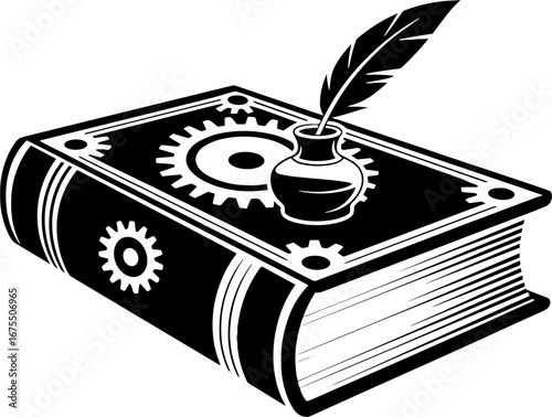 Vintage Book with Ink Pot and Quill Pen for Creative Projects