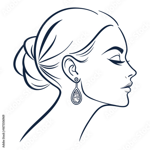 Vector art of elegant line art of a womans face in profile with a delicate earring, perfect for beauty and fashion designs