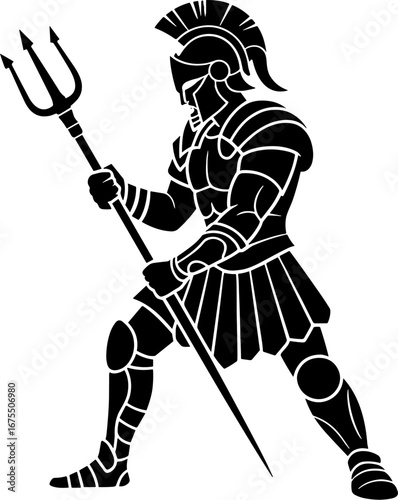 Powerful Roman Warrior Holding Trident in Bold Silhouette Design