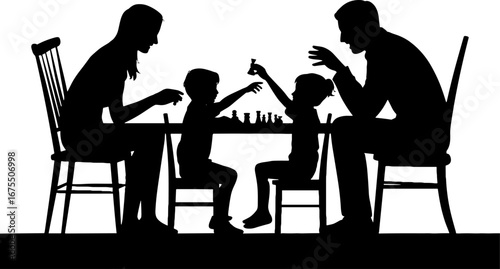 Family Playing Chess Together Silhouette Illustration