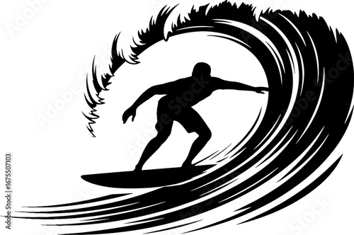 Dynamic Surfer Riding a Wave Silhouette for Creative Designs