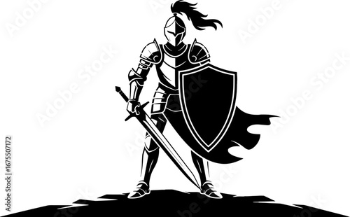 Knight in Armor Stalwart Shield and Sword Vector Art Design