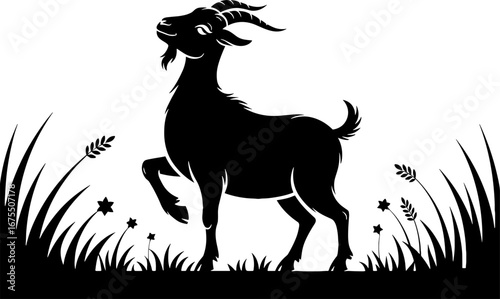 Elegant Silhouette of Goat in Grass with Floral Accents for Design