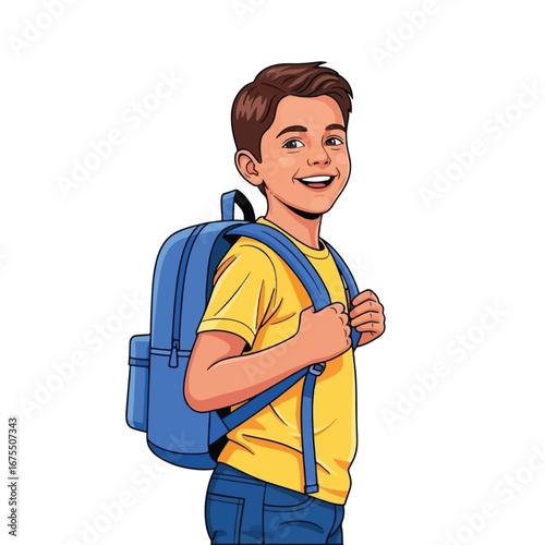 Cartoon illustration of a smiling boy with a backpack, ready for school.