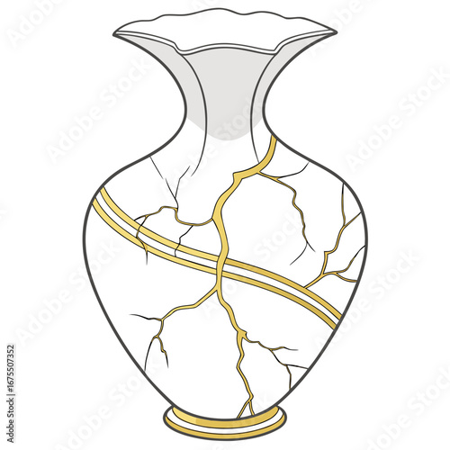 Vector art of kintsugi vase, a japanese art of repairing broken pottery with gold, symbolizing resilience, beauty in imperfection, and acceptance