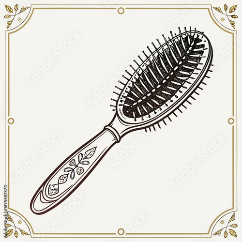 Vector art of vintage hairbrush illustration with floral design and decorative frame, representing retro style, beauty care, and grooming