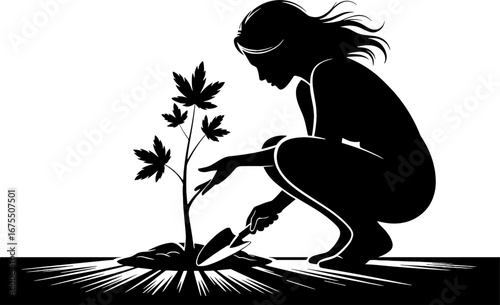 Silhouette of Woman Planting Tree for Gardening and Eco-Friendly Design