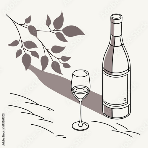 Vector art of wine bottle and glass with vine branch vector illustration of alcoholic beverage for celebration and party