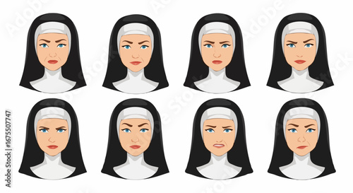 Collection of Angry Nuns Expressing Various Disapproving Emotions on White Background