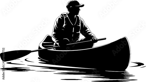 Silhouette of a Man Canoeing on Calm Water for Outdoor Adventure