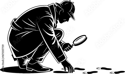 Detective Examining Footprints with Magnifying Glass in Black and White