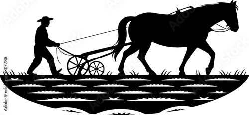 Silhouette of Farmer Plowing Field with Horse and Plow
