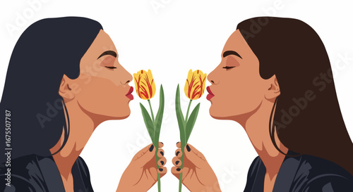 Two Women Gracefully Smelling Tulips Reflected Symmetrically on White Background
