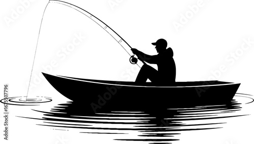 Silhouette of a Fisherman Casting a Line from a Boat on Water
