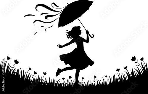 Girl Dancing with Umbrella in Grass Field Silhouette