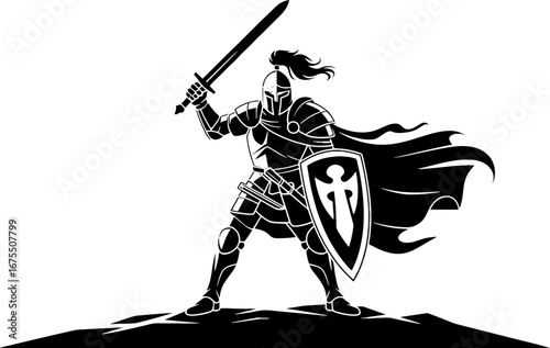 Powerful Knight Holding Sword and Shield in Majestic Pose