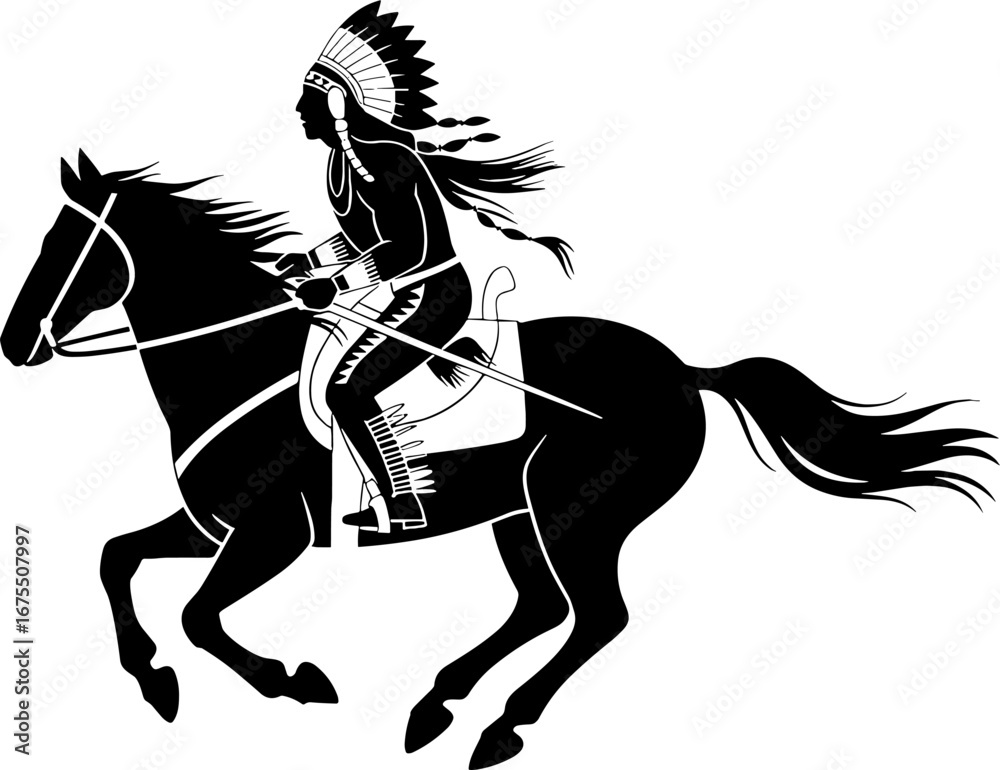 Obraz premium Native American Warrior Riding Horse Silhouette Illustration
