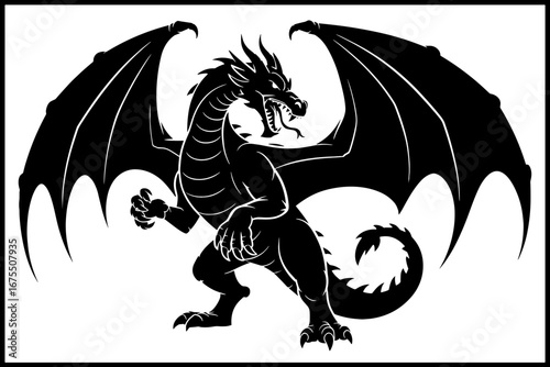 Majestic Black Dragon with Outstretched Wings and Fierce Expression