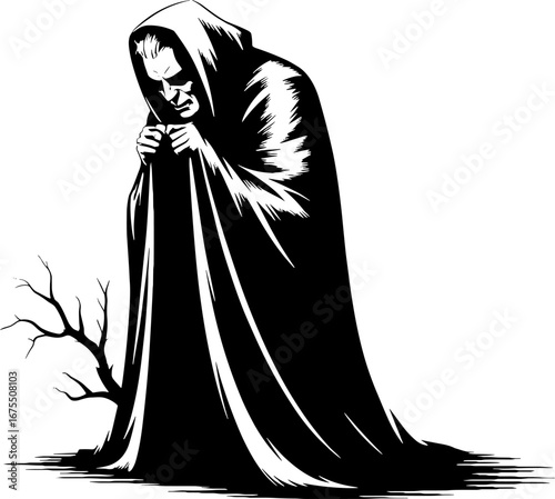 Mysterious Cloaked Figure with Branches Illustrating Solitude