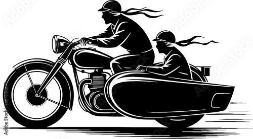 Vintage Motorcycle Sidecar Duo Riding Windswept Adventure