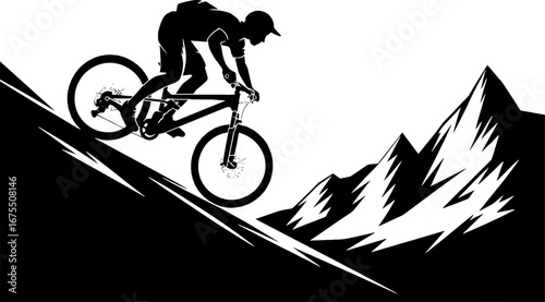 Mountain Biker Riding Downhill Over Challenging Terrain