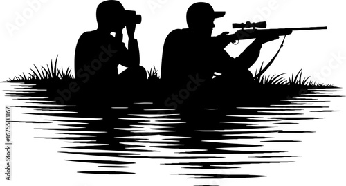 Hunters Silhouetted by a Tranquil Water Scene for Outdoor Themes