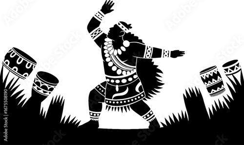 Dynamic Tribal Dancer Silhouette with Drums for Cultural Design