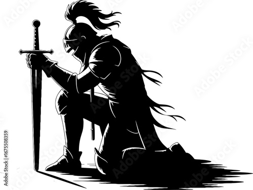 Silhouette of a Knight Kneeling with Sword for Tattoo and Design
