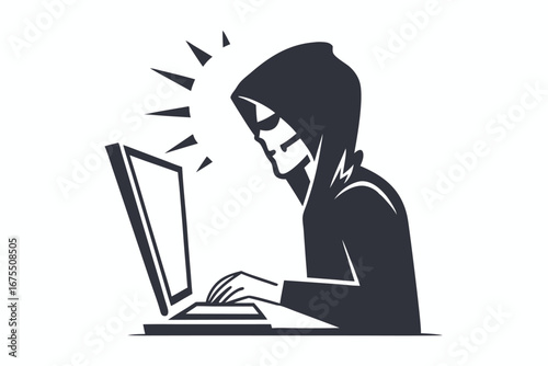 Hooded Person Using Laptop with Concentrated Gaze on White Background