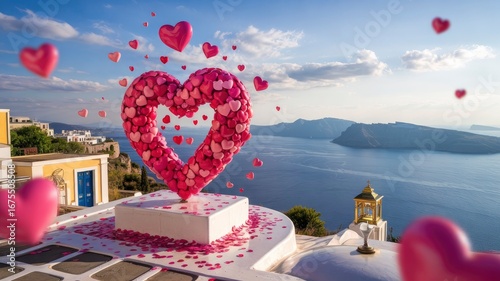 Romantic Santorini Heart Sculpture with Aegean Sea View