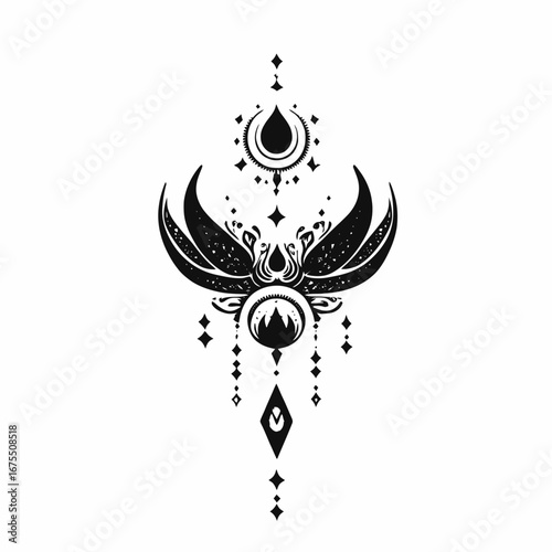 Mystical lunar moth with celestial element design in bold black silhouette