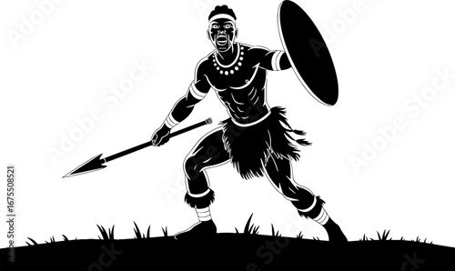 Fierce Tribal Warrior with Spear and Shield in Dynamic Pose