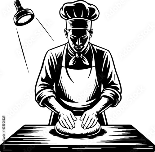 Chef Kneading Dough in Traditional Kitchen Illustration