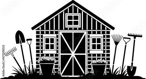 Gardening Shed with Tools and Plants Vector Graphic Design
