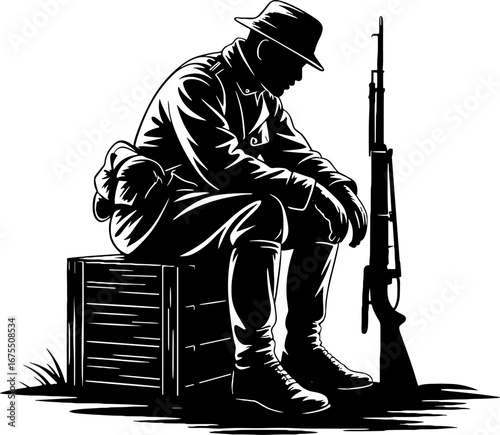 Soldier Sitting on Crate with Rifle Reflecting on Duty and Sacrifice