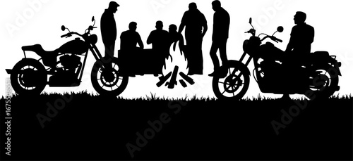 Biker Campfire Gathering with Motorcycles and Silhouetted Friends