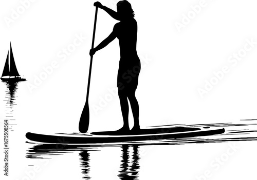 Silhouette of Paddle Boarder with Sailboat on Calm Waters