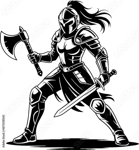 Warrior Woman in Armor Holding Sword and Axe for Design Projects