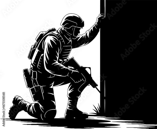 Kneeling Soldier Silhouette with Rifle Tactical Military Action