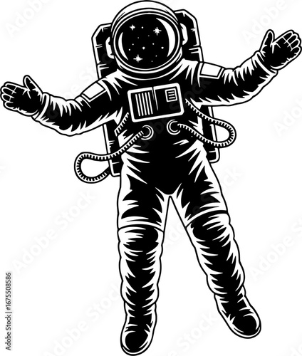 Astronaut in Space with Outstretched Arms Vintage Style Graphic