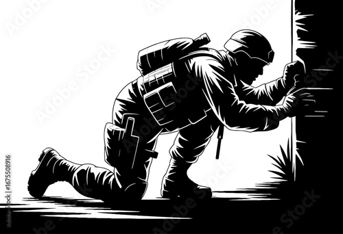 Silhouette Soldier Crawling Behind Cover Tactical Military