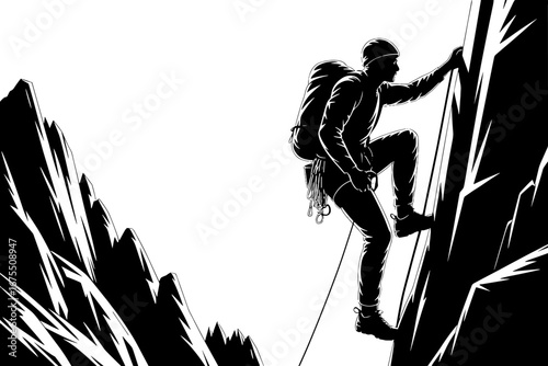 Climber Ascending Rugged Mountain Peak Silhouette for Outdoor Themes
