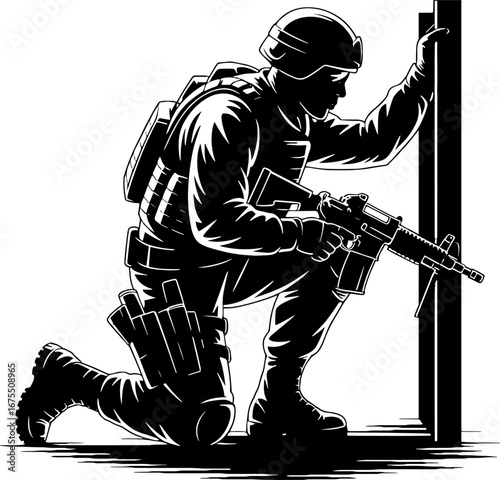 Kneeling Soldier Silhouette with Weapon Against Vertical Support