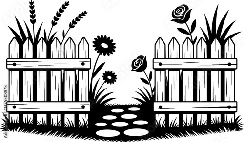 Charming Garden Gate with Flowers Grass and Pathway Vector Design