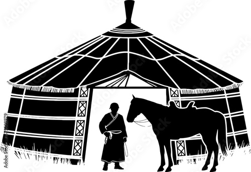 Mongolian Yurt with Horse and Nomad in Traditional Attire