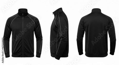 Black Track Jacket with White Piping Front Side Back Views on White Background.